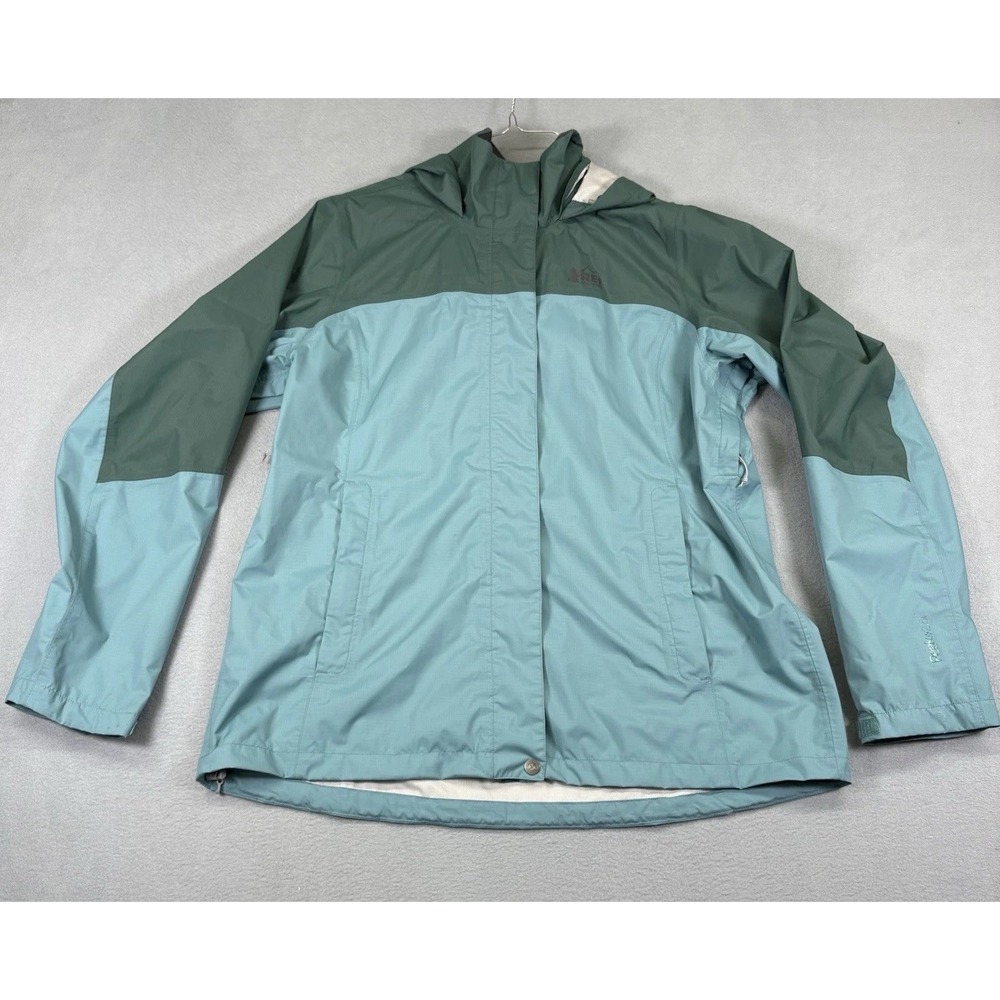 REI Co-op Rainier Peak 2.5L Rain Jacket Womens XL Blue Green Waterproof Hooded